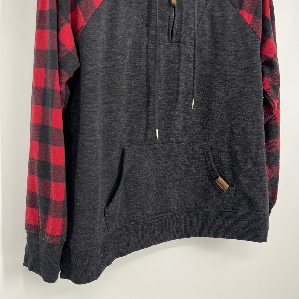 Maurices Womens Large Charcoal Grey Red Buffalo Plaid Quarter Zip Hoodie - Picture 5 of 10